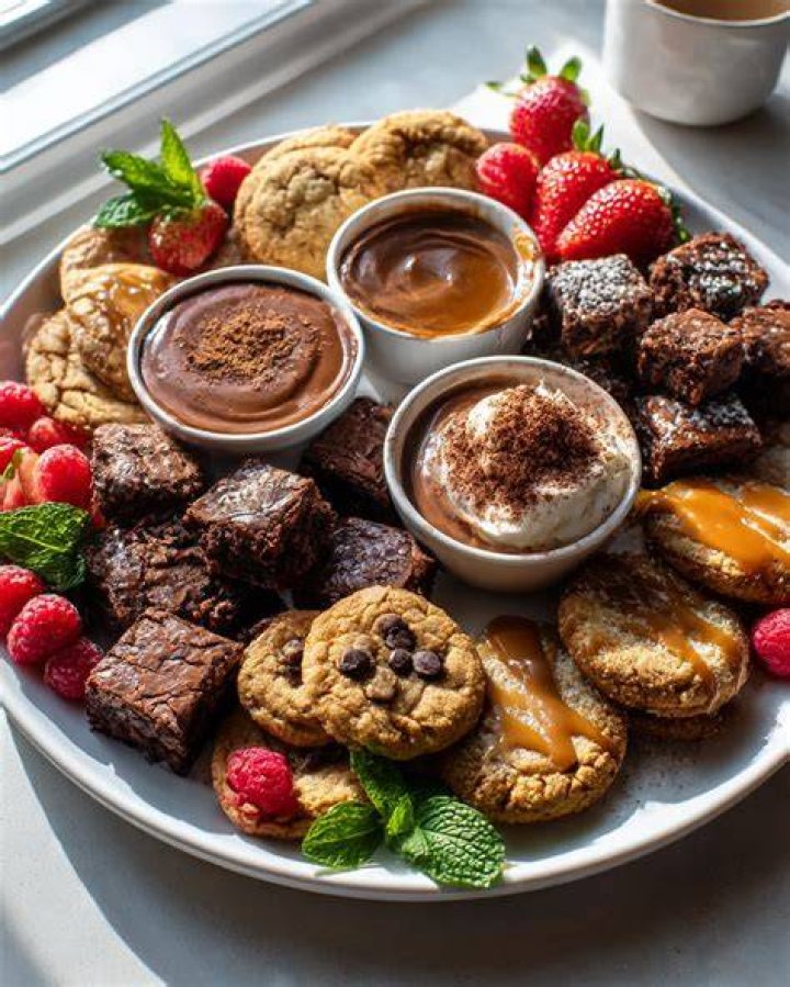 Board with brownies and bowls of whipped cream and fudge sauce. 